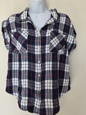 Women’s Navy and White Plaid Button-Front Top